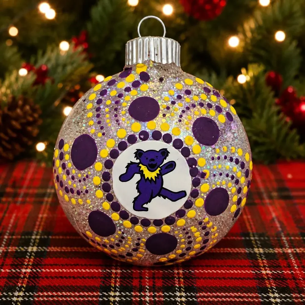 Hand-Painted Dancing Bear Christmas Ornament Purple Gold – Custom Orders